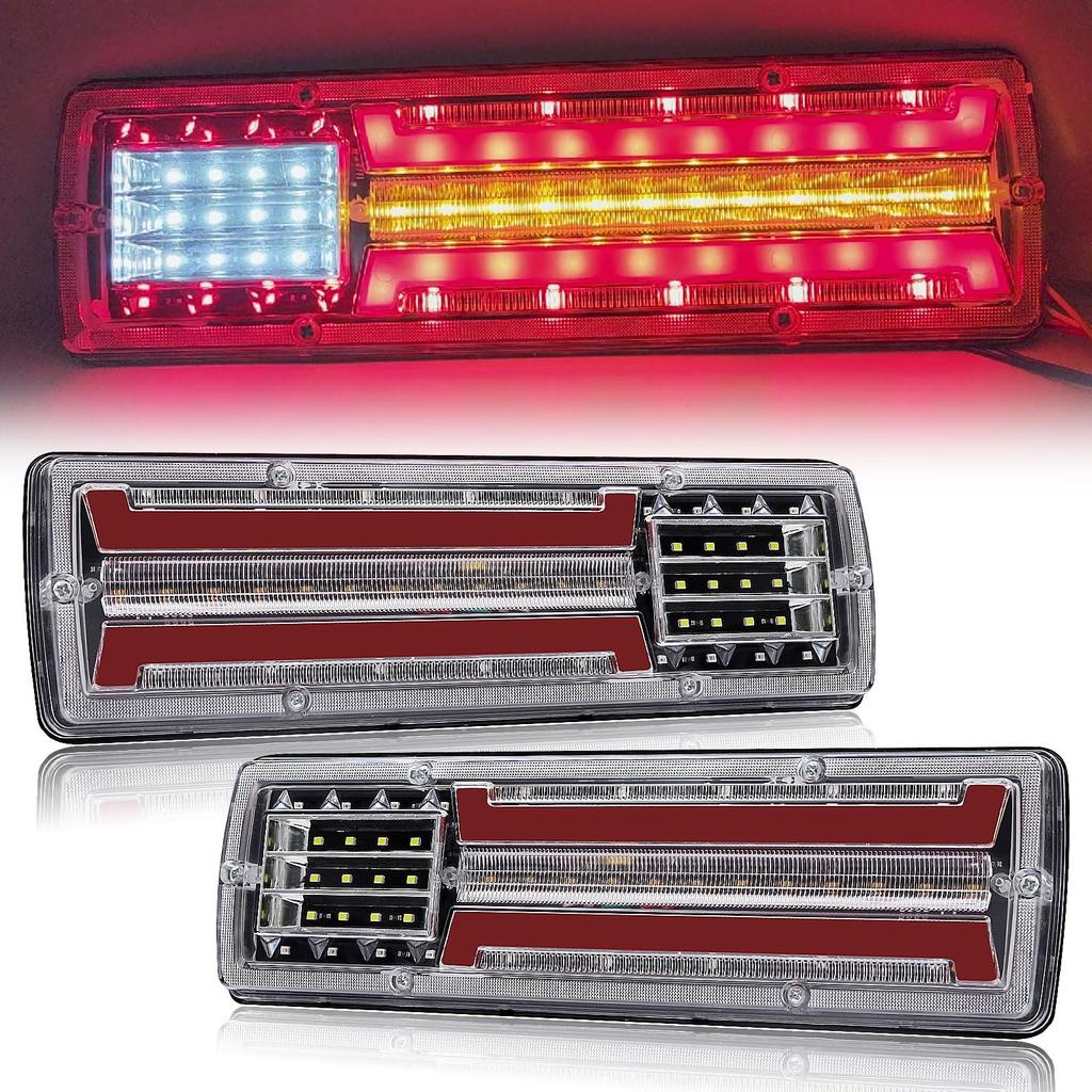 Truck Tail Turn Brake Reverse Flowing Turn Position Tail Warning Set of 2 X-STYLE Lights, LED, 12V, 3-Color, Steady-On/Sequential Signals, Yellow,