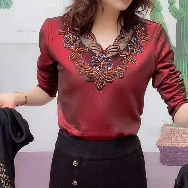 Vintage Fashion Floral Diamonds T-shirt  Spliced Hollow Out Women's Spring Autumn Elegant V-Neck Pullovers