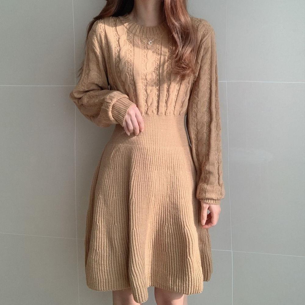 Herbst/Winter 2026 Zopfmuster Patchwork Taillenbetontes Kleid - Eleganter & Schlankmachender High-Waist Stil für Damen