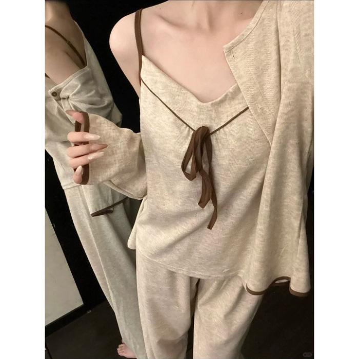 

New Chinese retro Zen style three-piece pajamas women s with chest pads, suspenders, long sleeves, ice silk threaded spring and summer loungewear M