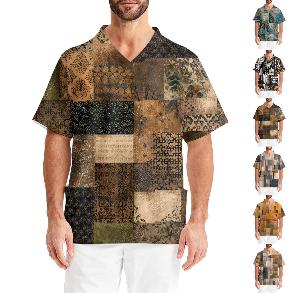 Men's Printing Short Sleeve V-neck Working Blouse Chest Pocket Carer Top