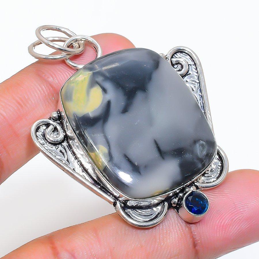 Natural Maligano Jasper, Iolite 925 Sterling Silver Jewelry Pendant 2.29" ZS-230