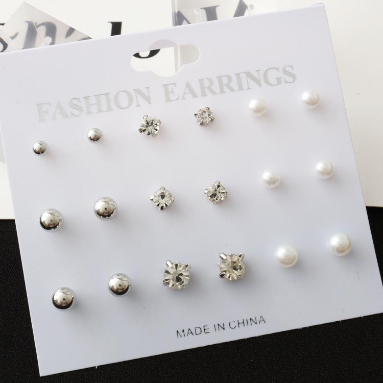 

European & American Style Pearl & Diamond Earring Set - 9 Pieces