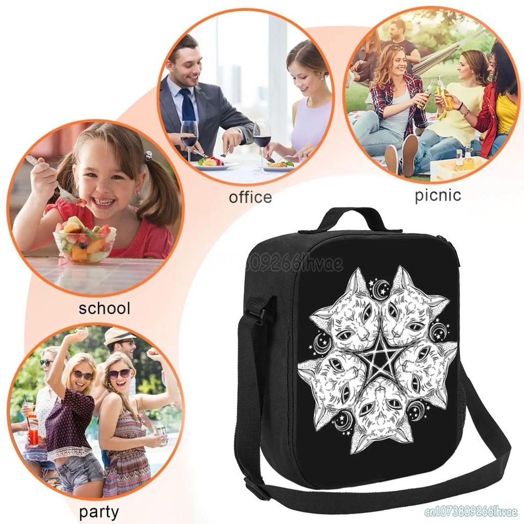 Black Cat Head Round Portrait Madnala Moon Pentagram Insulated Lunch Box Reusable Portable Waterproof Thermal Cooler Bento Bag