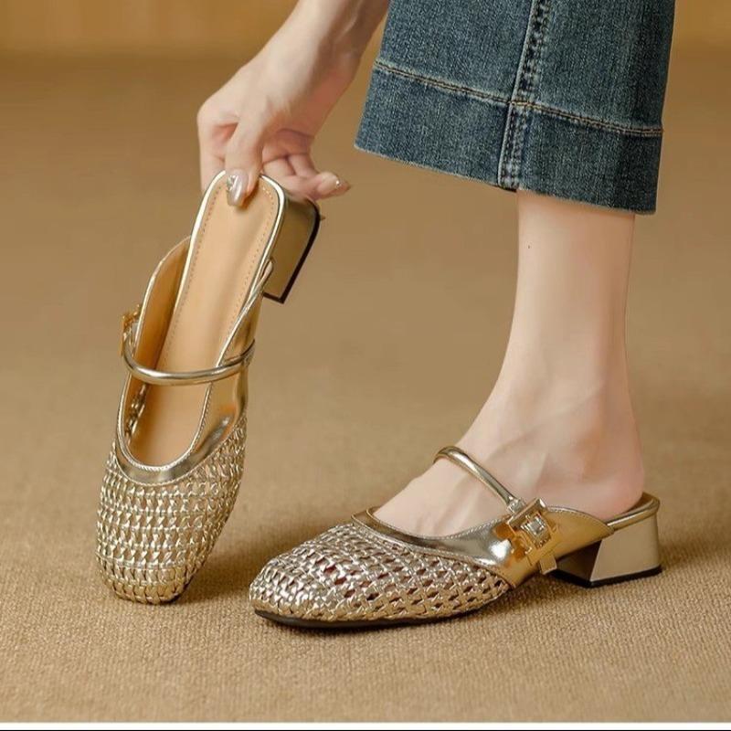 Fashion Women's Summer New Fashion Temperament Cutout Breathable Half Slippers Block Heel Soft Sole Muller Slippers