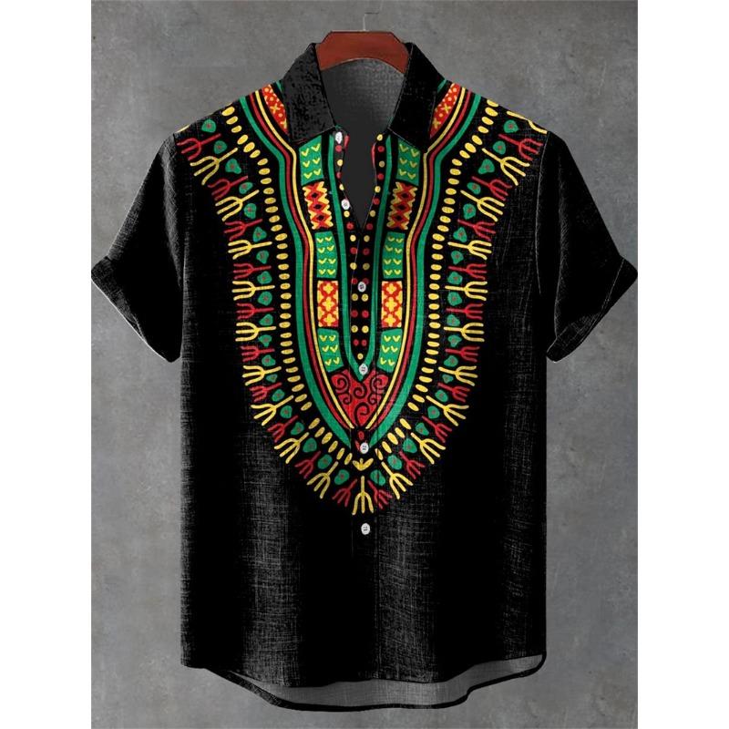 Men's Short Sleeve Shirt Vintage Ethnic Style Sunlight and Tree Illustration Art Snake Print Casual Linen Shirt