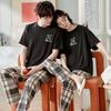 Summer Couple Pajamas Set: Women's Short Sleeve Plaid Top with Long Pants, Pure Cotton Casual Sportswear, Men's Plus Size, Spring/Summer Collection.