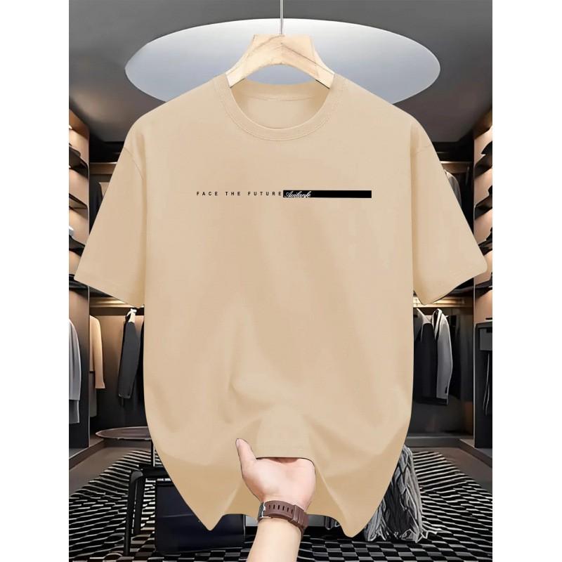 Mens Casual Short Sleeve Round Neck T-Shirt With Letter Print Loose Fit Cotton Tee