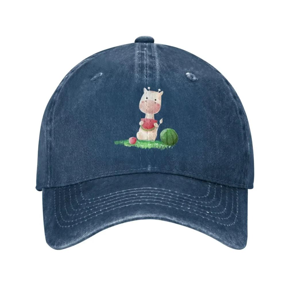 Giraffe Sitting in The Grass Eating Watermelon Baseball Cap for Unisex Women Vintage Trucker Hat Hats Dad Hat