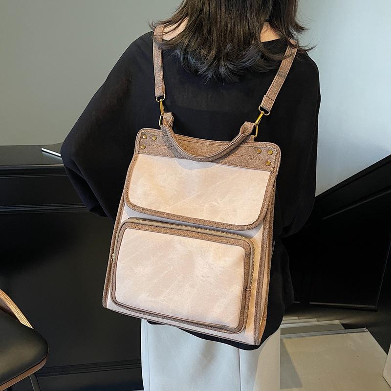 

Винтажная колледжская джинсовая портативная сумка большой вместимости женская 2025 новая контрастная цветная вставка повседневный рюкзак 31*11*35 хаки