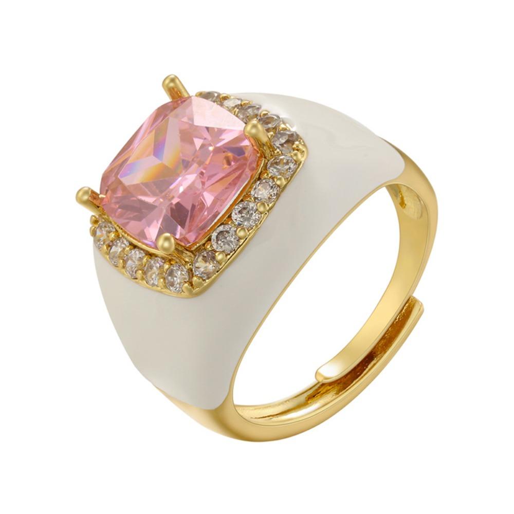 Gold Plated Zircon Open Ring Multicolor Geometric Square Ring Enamel Dripping Oil Ring  For Women