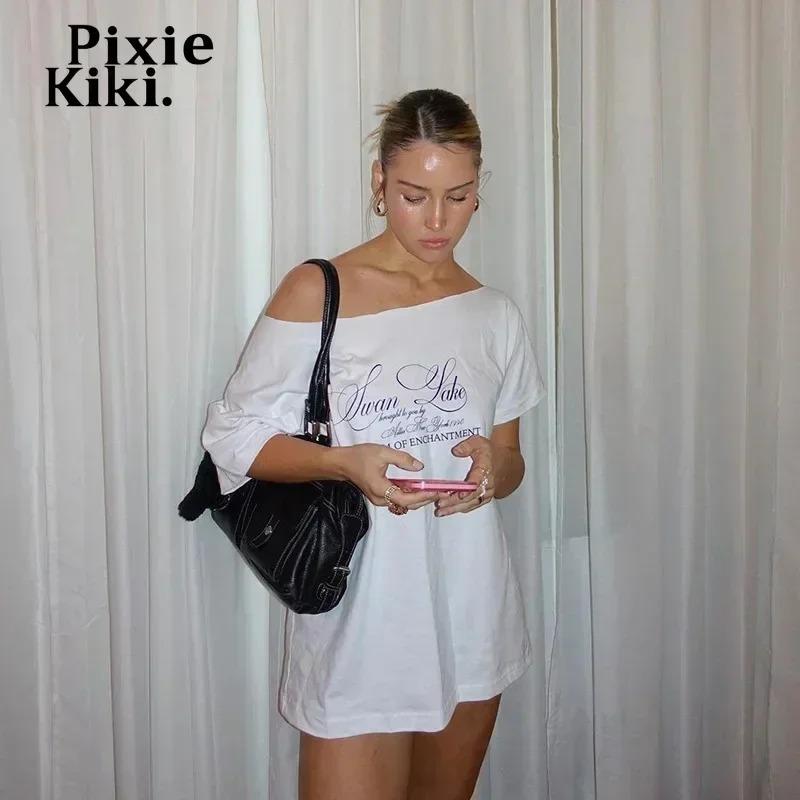 PixieKiki Letter Print Graphic T Shirts White Oversized One Shoulder Tops Womens Summer Fashion Clothing Trends 2024 P71-BG14