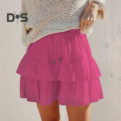 Flowy minirok, elastische trekkoord, hoge taille, korte rok voor dames, meerdere lagen, effen kleur, bohemian rok