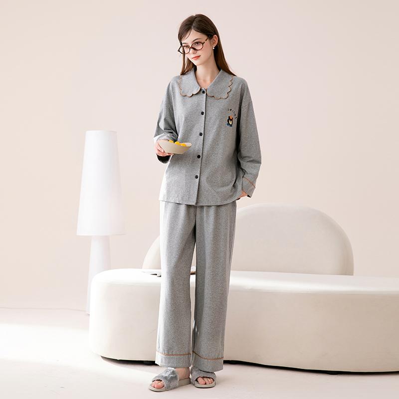 Fenteng [100% cotton] lace lapel cardigan with a girlish feel that can be worn as an outerwear long sleeved home suit set for women's sleepwear
