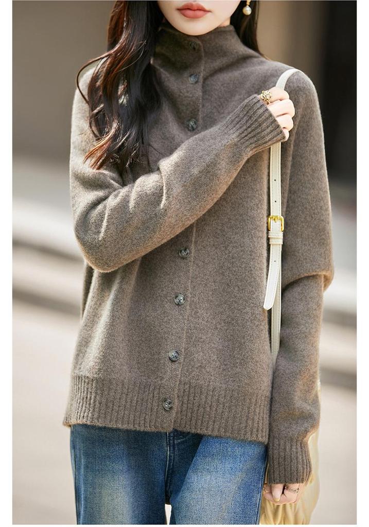Women's 100% Wool French Stand Collar Single-Breasted Cardigan - Autumn/Winter Solid Color Knit Sweater with Rolled Hem