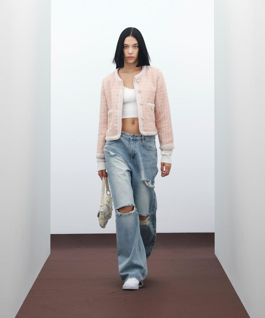 Vivabrown 85-Vivaj050 Line Point Crop Tweed Jacket Pink
