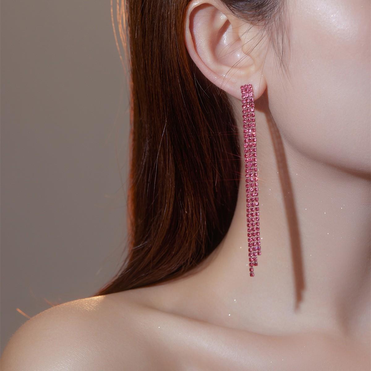 

Dinner banquet strip earrings, rhinestone earrings 3 rows of fringed earrings