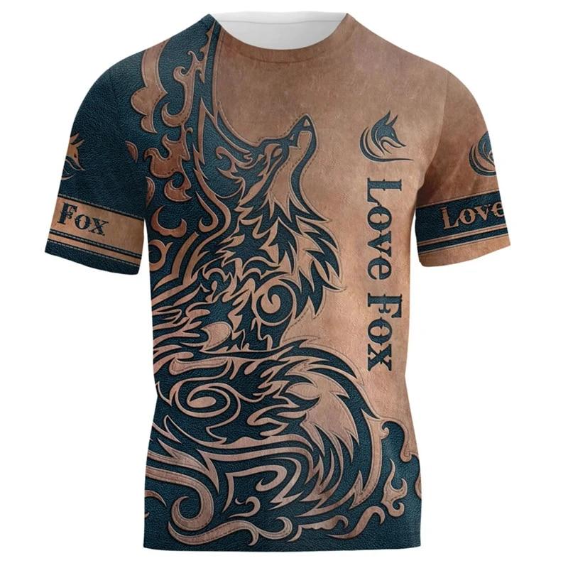 Herren T-Shirt mit 3D-Druck und Fuchs-Muster, Sommer, O-Ausschnitt, kurzärmelig, T-Shirts für Männer, lässig, übergroß, Jäger, Herrenbekleidung, Tops 4XL
