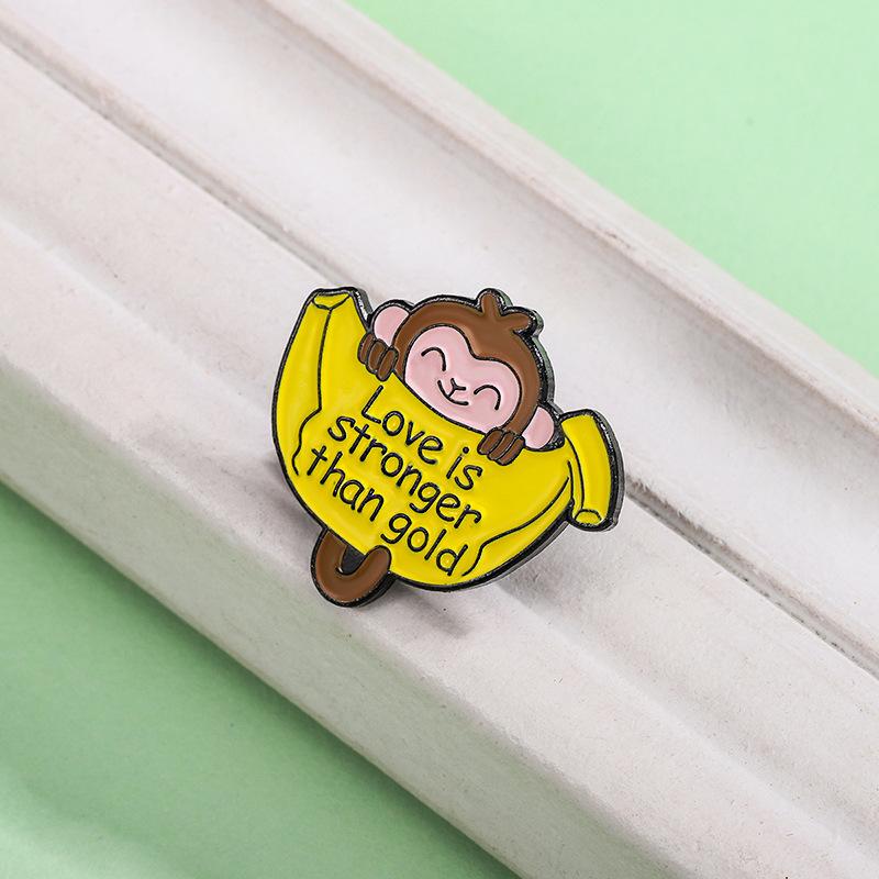 Cartoon Animal Badges: Little Monkey with Bananas, Cat with Fish, Dog with Bones, Cute Frog Brooch