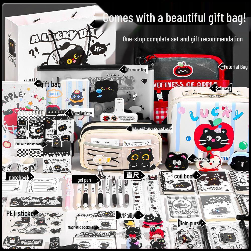 Deluxe Black Cat Stationery Gift Box - Study Supplies & Birthday Gift Set 8-Layer Cat Pencil Case [Basic Set]