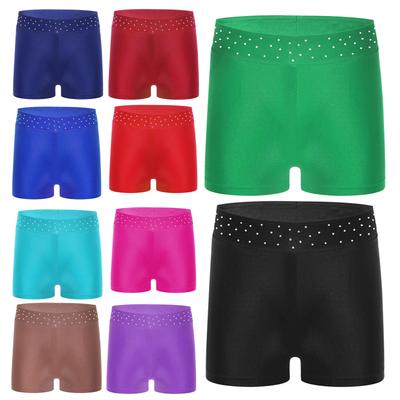 Kids Glittery Elastic Waist Shorts with Shiny Rhinestones Athletic Wear for Practice and Stage