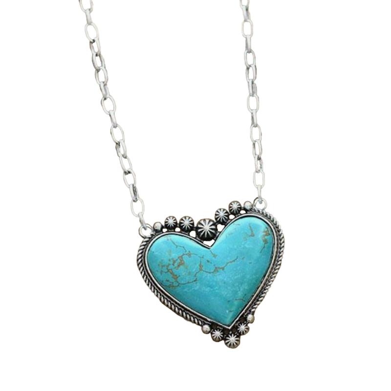 

Vintage Silver Plated Turquoises Stone Pendant Necklace Bohemia Statement Necklace Love Heart Pendant Women Necklace 1