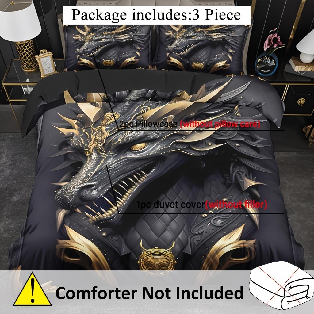 3Pcs Dragon Theme Comforter Set, Majestic Black Golden HD Digital Print, 100% Polyester Breathable Bedding with Pillowcases