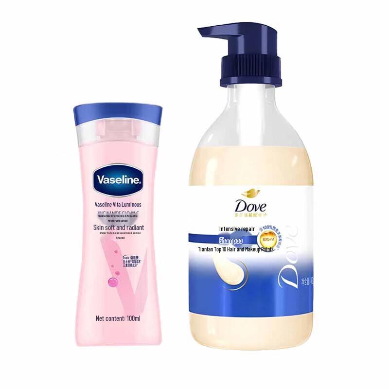 Vaseline Brightening Body Lotion & Dove Nourishing Shampoo Set