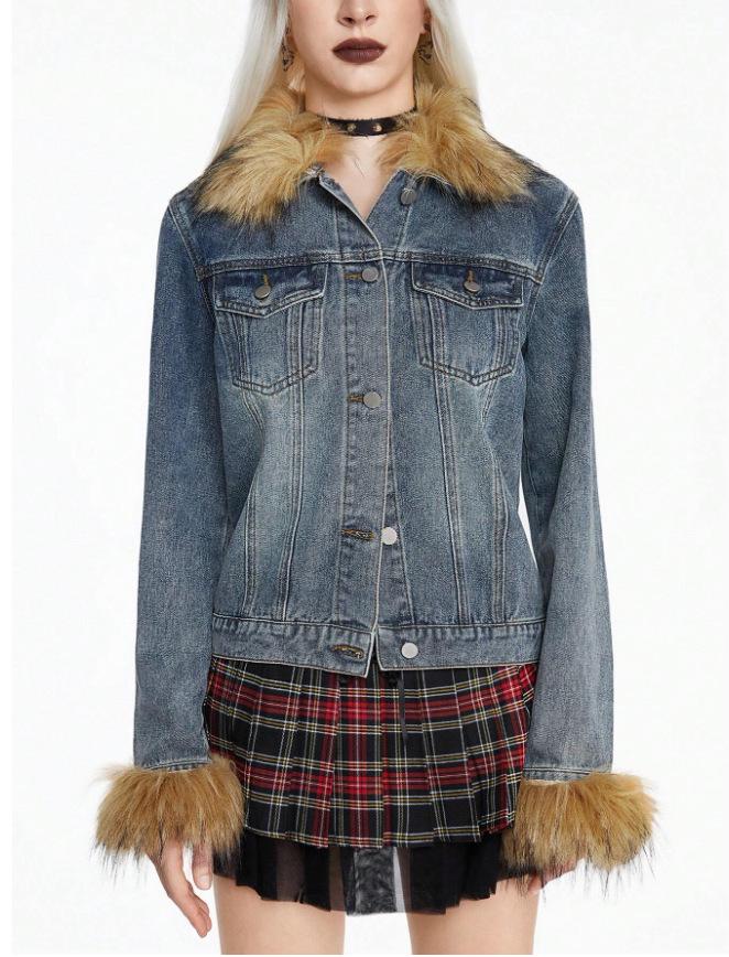 Унисекс потертая джинсовая куртка со звездным узором и плюшевым воротником-поло - Коллекция Осень/Зима Medium