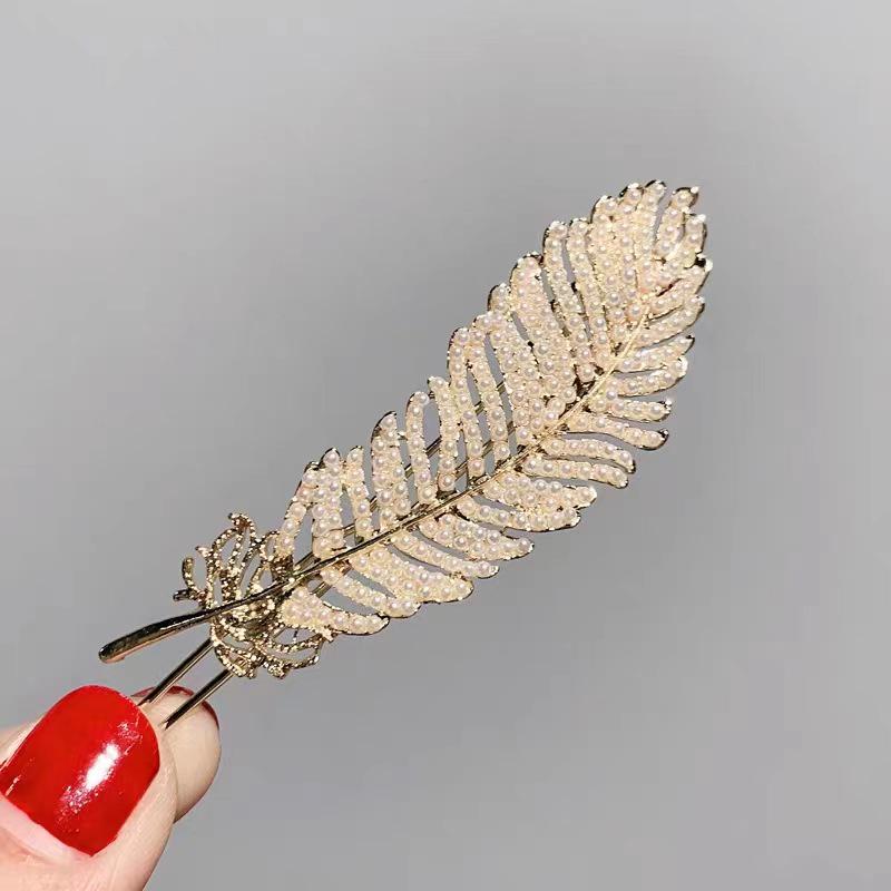 Feather Rhinestone Hair Clip with Spring Clip Buckle