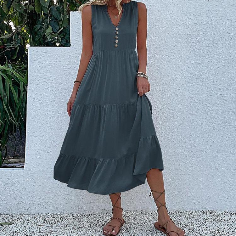 Robe d'été pour femme, coupe trapèze, longueur genou, sans manches, couleur unie, col en V