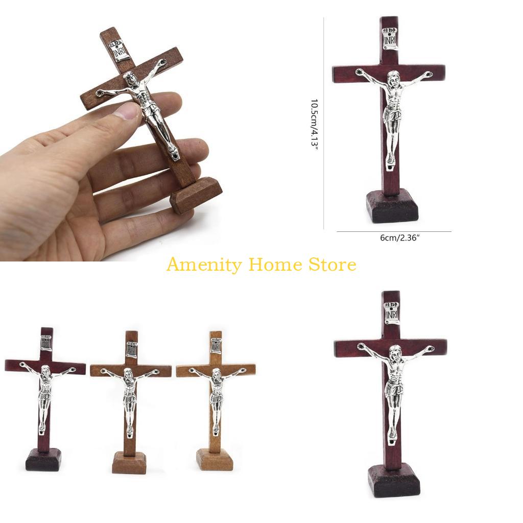F26C Wooden Catholic Jesus for Cross Crucifix with Stand Religious Prayer Tabletop De