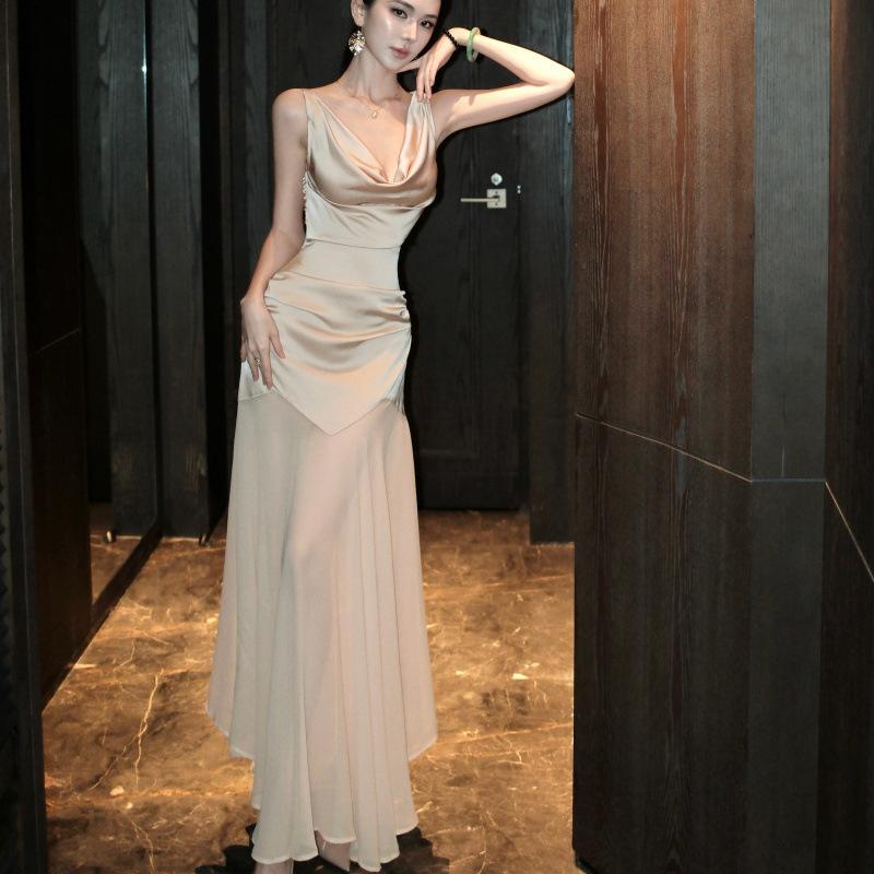 Swinging neck satin splicing chiffon pleated suspender dress waist thin hip skirt women's banquet evening dress