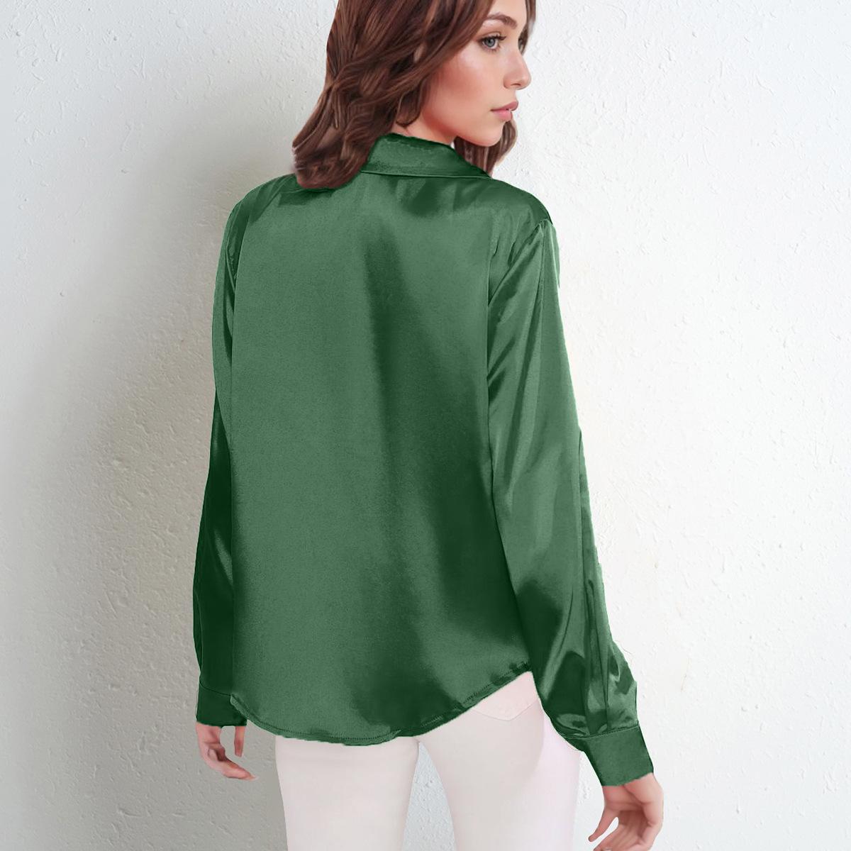 Women Emerald Green Satin Collared Long Sleeve Button Down Shirt S зелёный