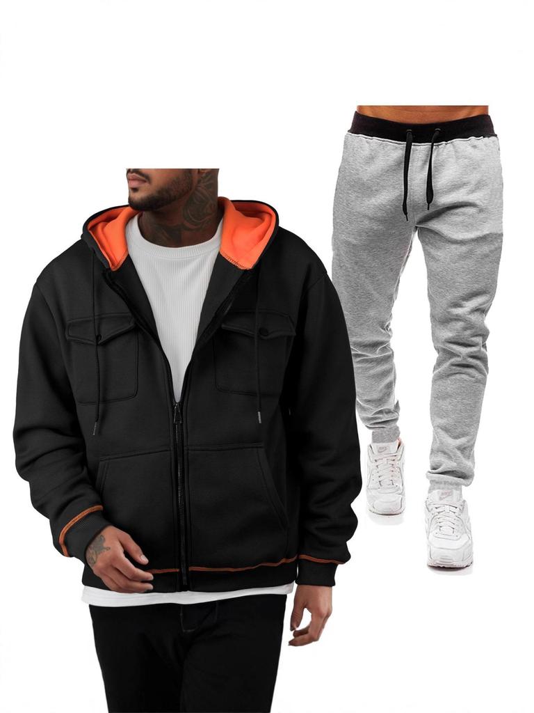 Men's 220g Pullover Hoodie Sweatshirt with Double Pockets and Zip-Up Cardigan Sports Casual Set
