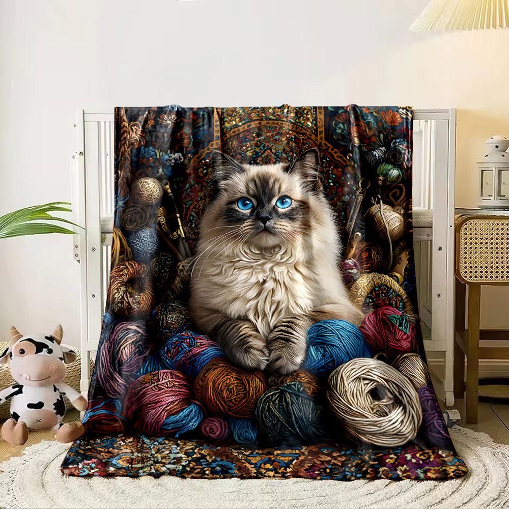 Cozy Cat with Yarn Balls for all seasons blanket lunch break throw gift