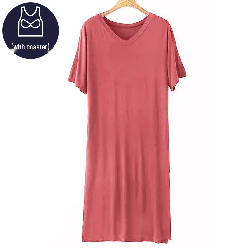 Women's Plus Size Modal Nightgown with Bra Pads - Summer Loose Fit, Short Sleeve, Long Style