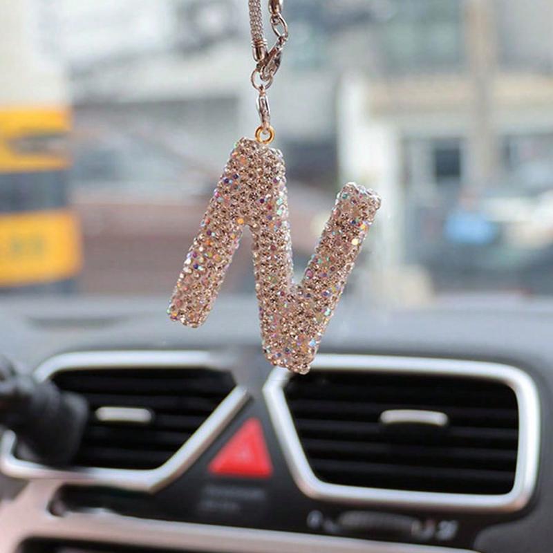 1pc Rhinestone A-Z Letter Car Rearview Mirror Pendant, Car Interior Decor