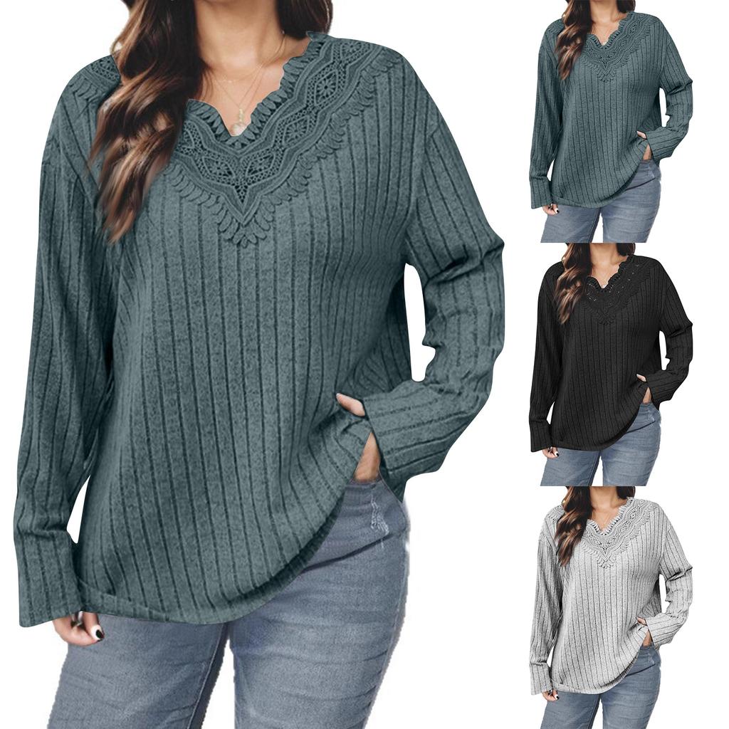 Women's V-Neck Lace Trim Loose Fit Long Sleeve Knit Top for Casual Wear