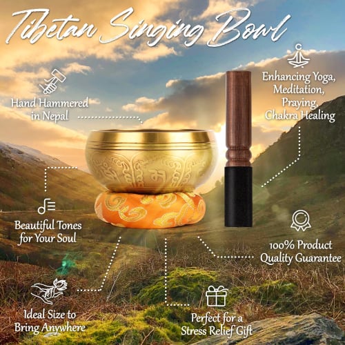Tibetan Singing Bowl Set - 100% Hand-Hammered Nepalese Sound Bowls for Meditation, Yoga, Chakra Meditation Accessories, Unique Gift for Women and Men