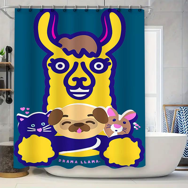 

Brightly Colored Cartoon Animal Shower Curtain Dramatic Llama With Friends In Yellow, Blue Purple Fabric Decorative Bathroom Lin W60H190(CM)-1 Pcs