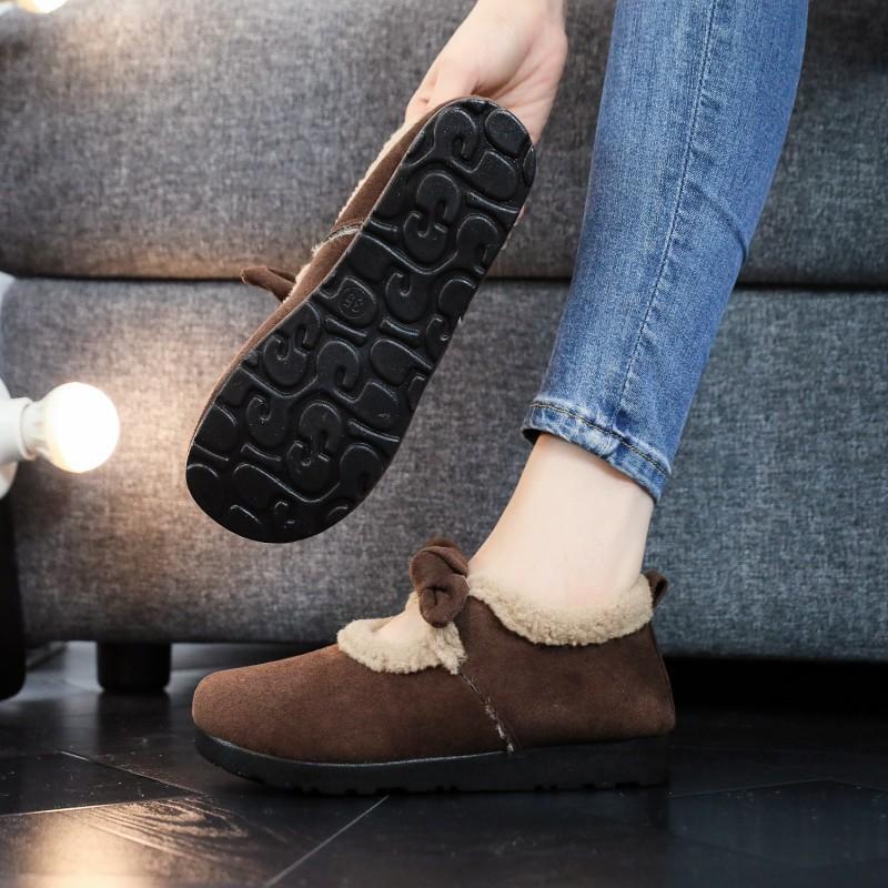 Womens Winter Warm Fleece-Lined Slip-On Mary Jane Flat Shoes With Non-Slip PVC Sole