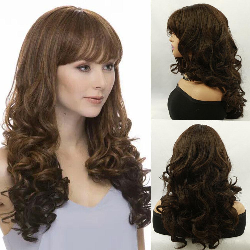 Women Synthetic Long Natural Wave Wigs with Bangs Wavy Brown Natural Wig For Daily Party Costume Heat Resistant Fibre Hair