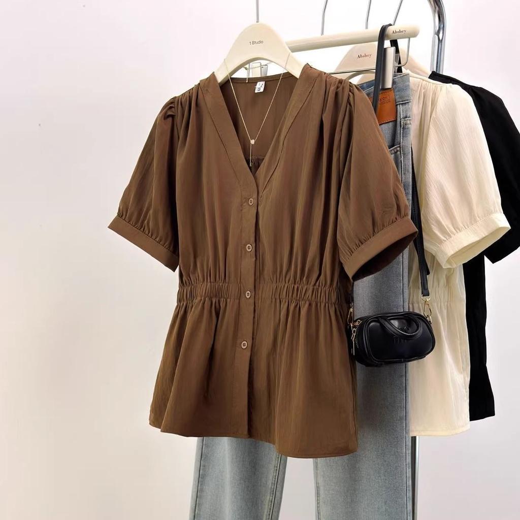 Summer Slim Fit Shirt Women's Bubble Sleeve Loose Waist Short Sleeve V-Neck Top Elegant Fashion Large Size Casual Noble