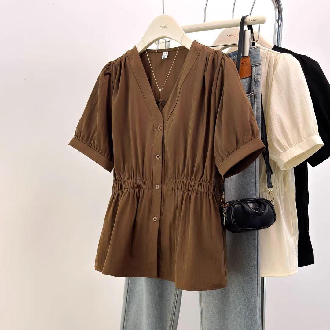

Summer Slim Fit Shirt Women s Bubble Sleeve Loose Waist Short Sleeve V-Neck Top Elegant Fashion Large Size Casual Noble 4XL кавовий
