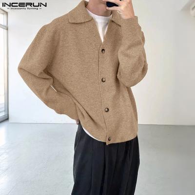 Men's Lapel Neck Long Sleeve Buttons Knitted Casual Cardigan Tops