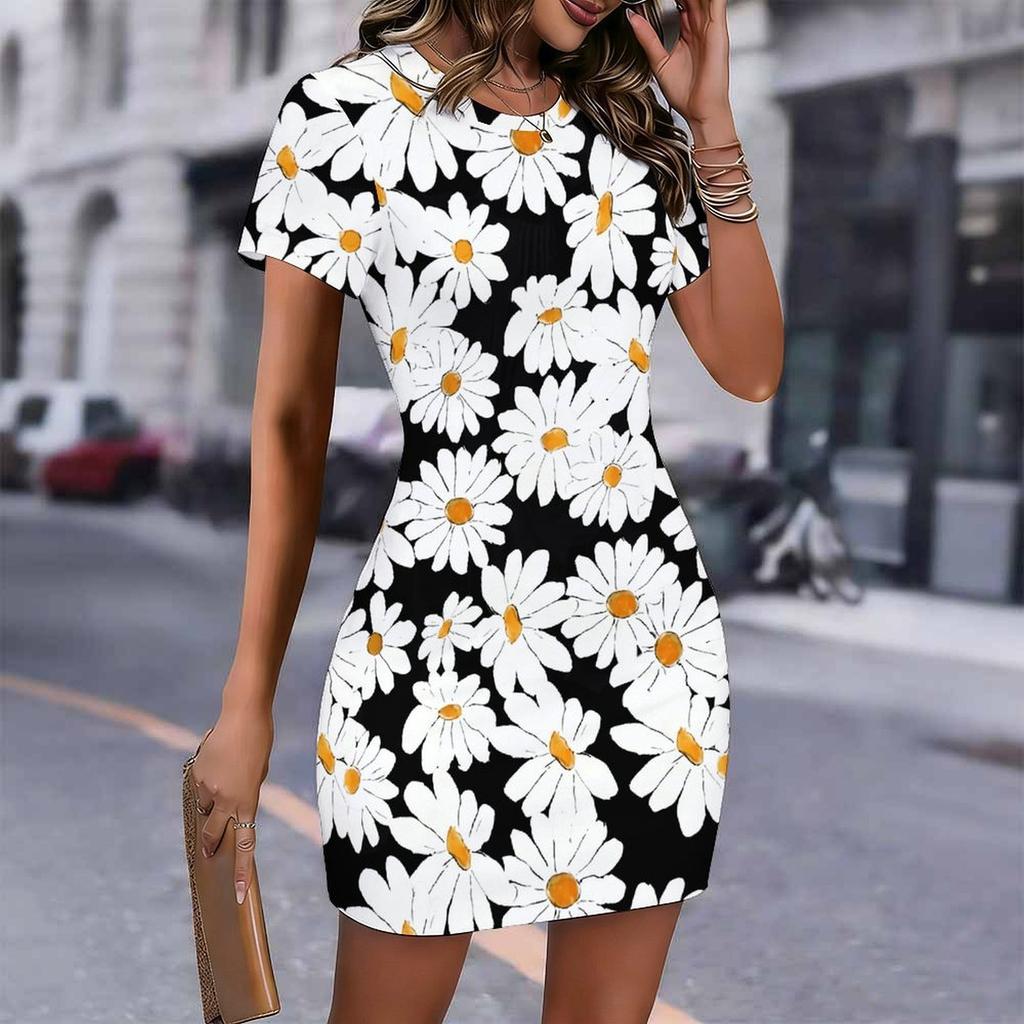 Fashion Womens Loose Colorful Rose Pattern Print O Neck Short Sleeve Loose Streetwear A-line Dress