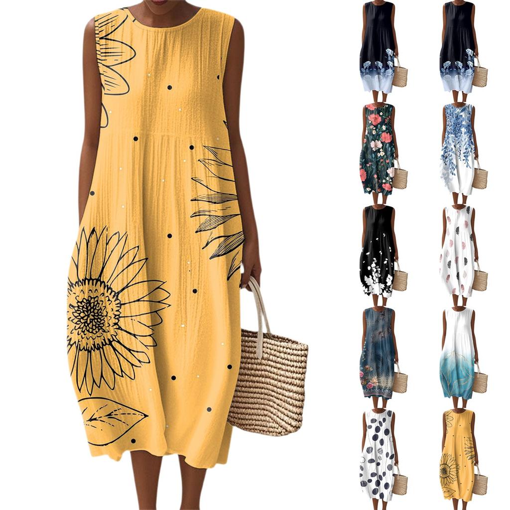 Mote dame avslappet ermeløs rund hals blomsterprint elegant temperament kjole