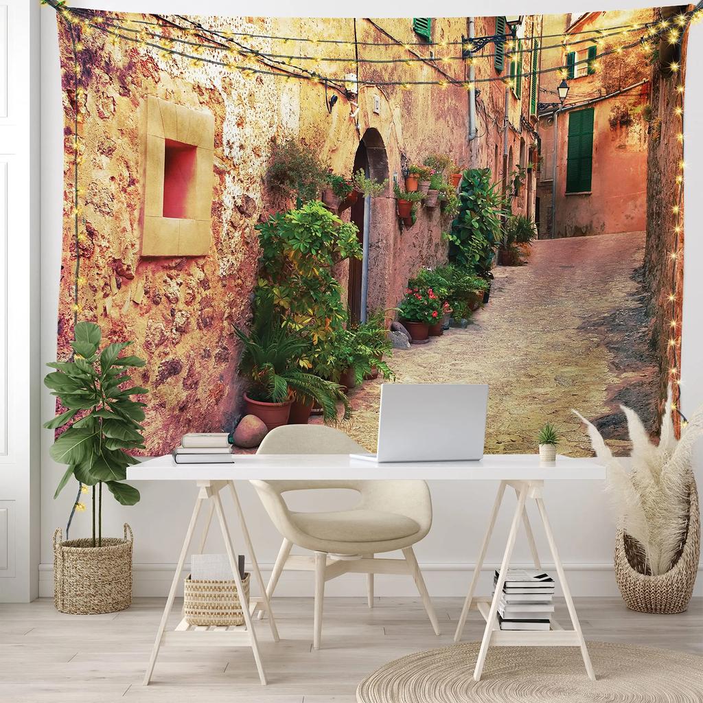 Nature Tapestry Idyllic Village Small Town European Pastoral Scenery Tapestry Wall Hanging Decor for Bedroom Living Room Dorm