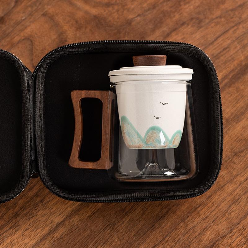 Black sandalwood handle office cup ceramic liner filter glass tea cup high-end anti-scalding gift box portable gift